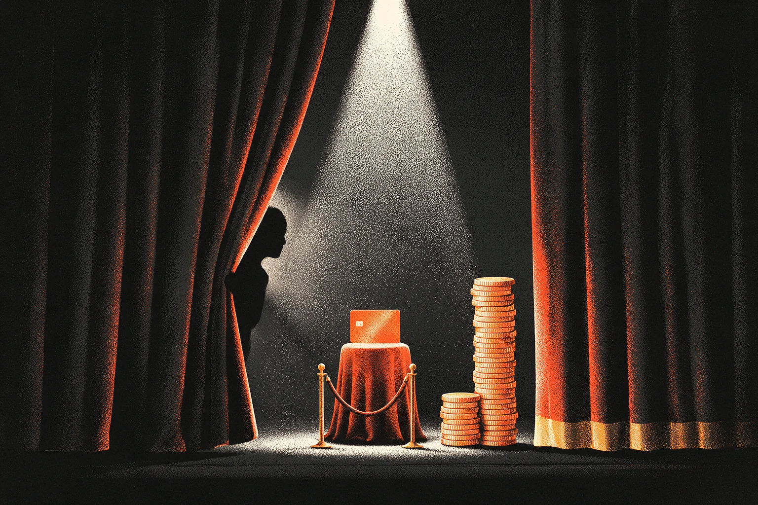 Bastidor de teatro com a cortina entreaberta: atrás da corda de veludo, um cartão laranja num pedestal sob o holofote, ao lado de uma pilha alta de moedas e outra menor; uma silhueta espia pela fresta.